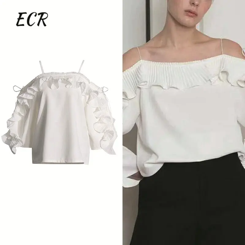 

ECR Solid Patchwork Ruffles Minimalist T Shirt For Women Slash Neck Short Sleeve Spliced Lace Up Tops Female Fashion Style New