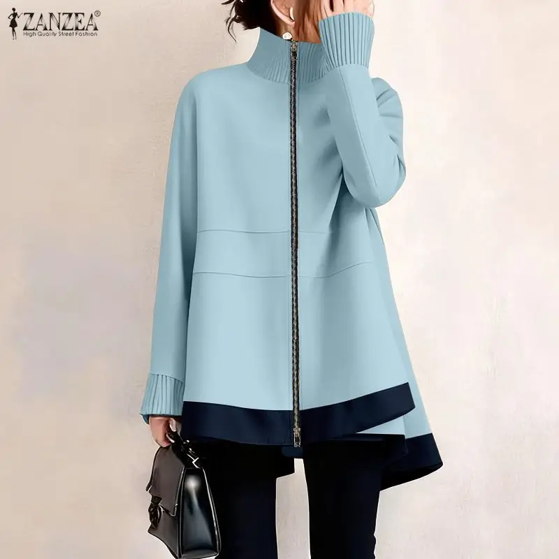 ZANZEA Women Jackets Fashion Long Sleeve Turtleneck Coats 2026 Autumn Zipper Casual Color Pactchwork Streetwear Outercoats Shirt