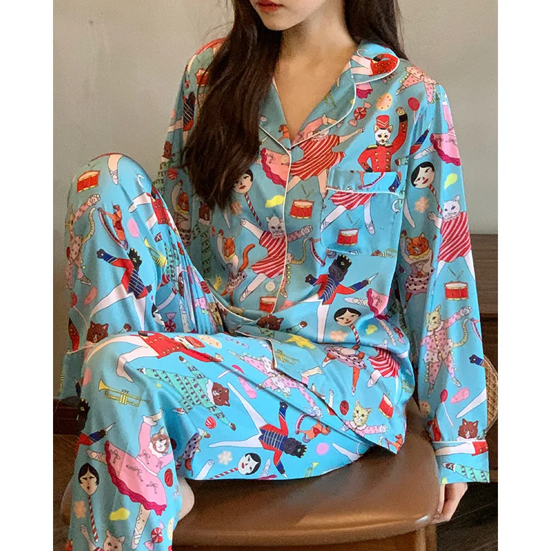 Ice Silk Pajamas For Women's Long Sleeved Two-piece Circus Pattern Casual Home Wear Set Comfortable Loose Home Wear Pyjamas Sets