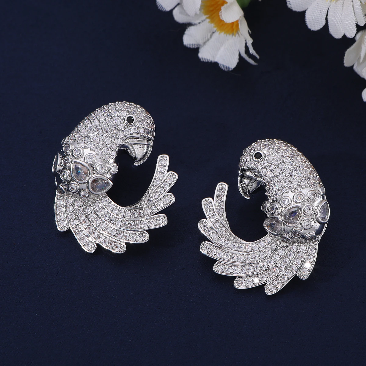 Full Pave Crystal Parrot Shape Stud Earrings, Curved Bird Multi Cut Clear Crystal Statement Earrings For Daily Evening Party