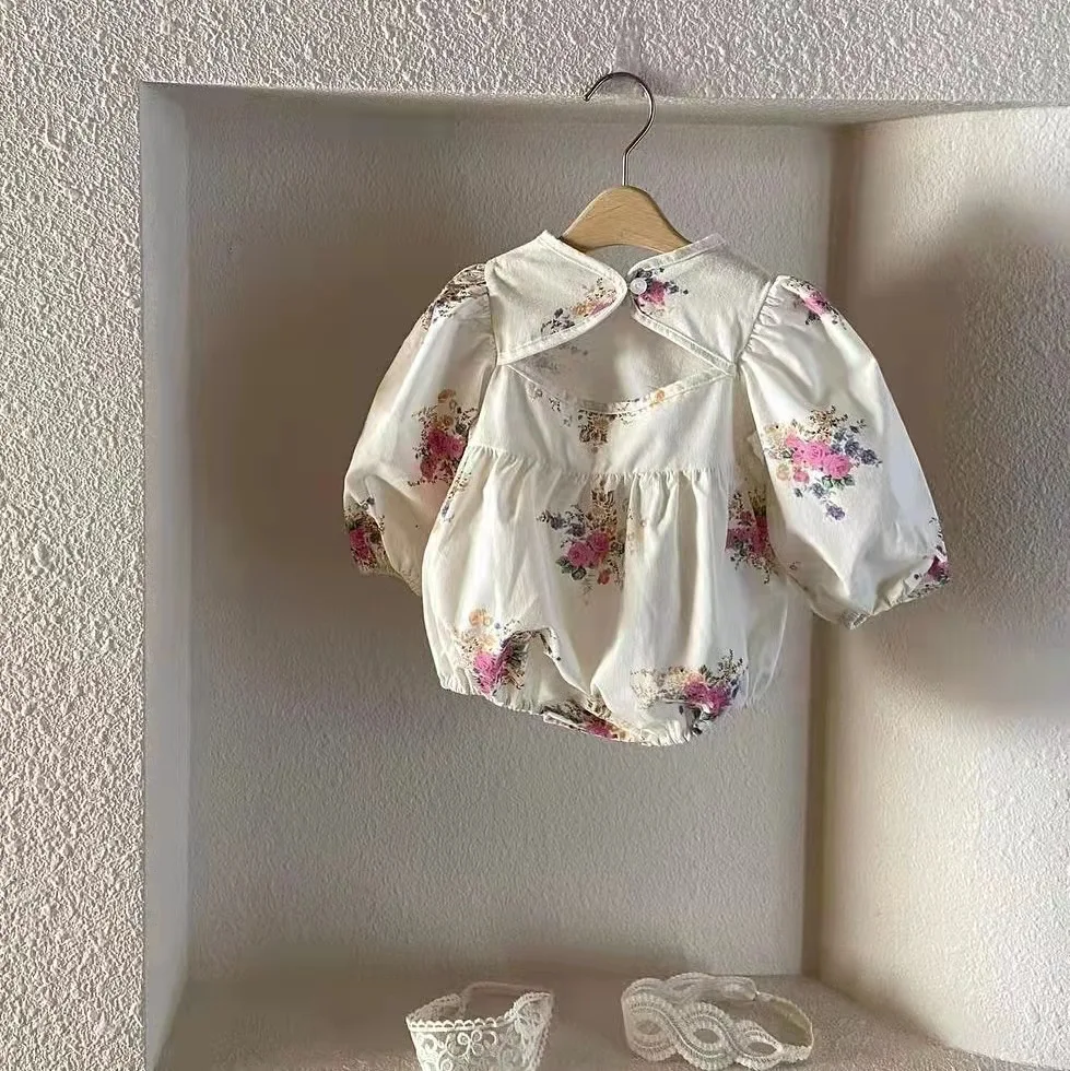 Children's Clothing 2024 Spring and Autumn New Baby Girls with A Trendy Round Neck Floral Bubble Sleeves Triangular Jumpsuit