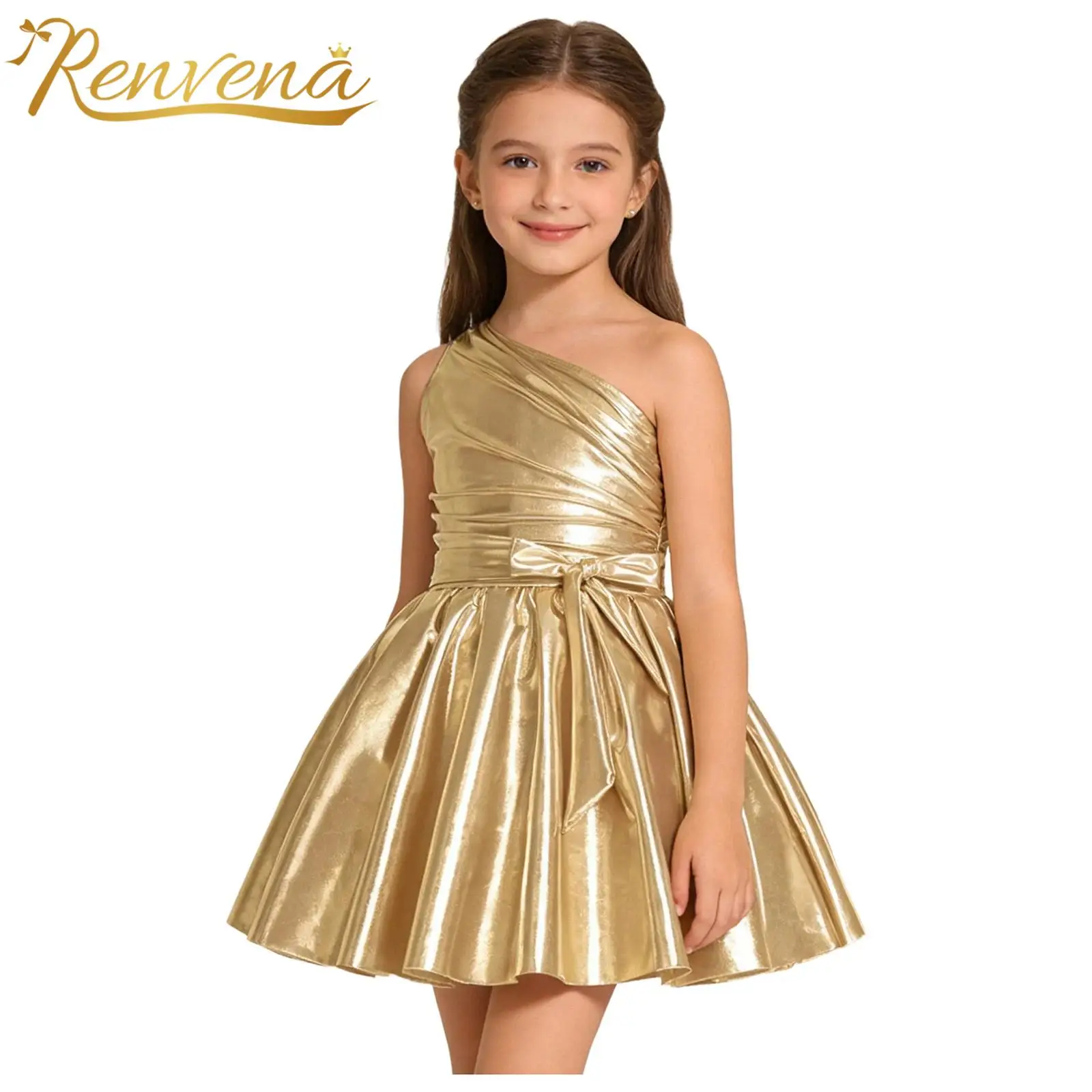 Children's Shiny Prom Dress Girls One Shoulder Party Gown Metallic Dress Dance Rave Festival Pageant Disco Performance Costume
