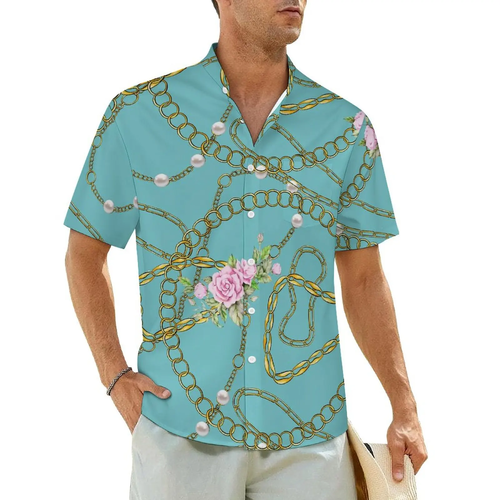 

Hawaiian Shirt Beach Golden Chains Blouses Pink Floral Print Novelty Casual Shirts Man Short Sleeve Streetwear Oversized Tops