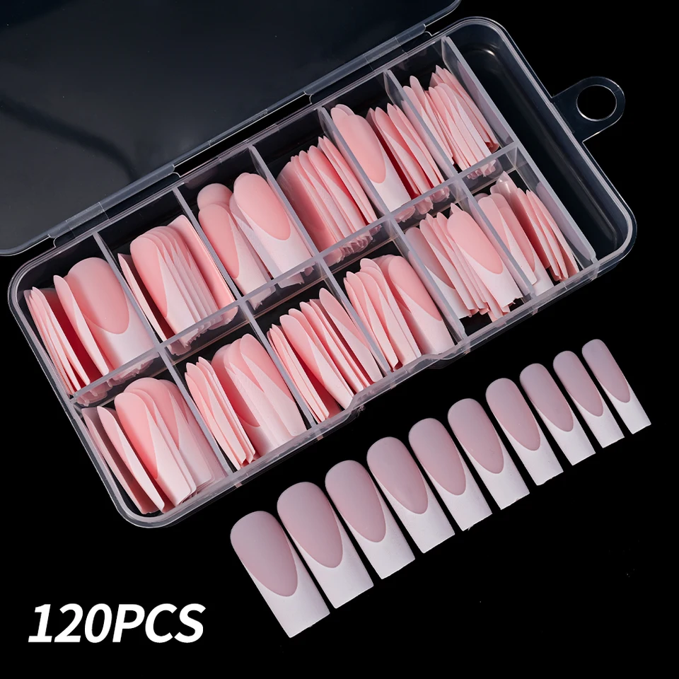 120 Piezas/Caja Uñas Postizas Mate Rosa Nude Francesas 12 Tallas Cuadradas Extra Largas Cobertura Completa Gel Suave para Extensión 4