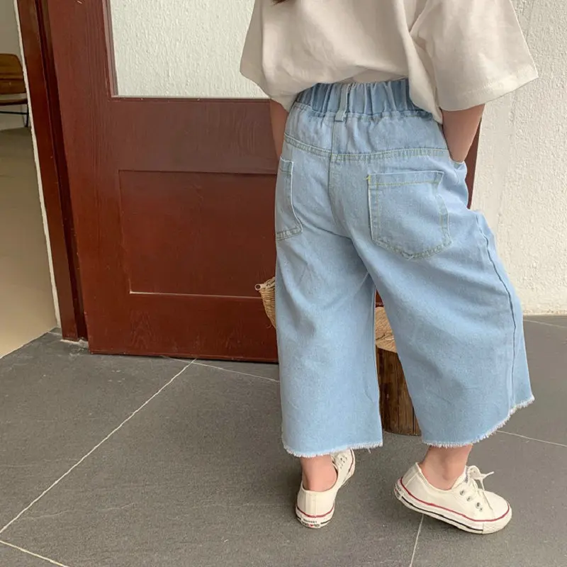 Boys and Girls Pants Ripped Washed Wide-leg Pants Jeans 2025 Summer New Children's Clothing 3-8 Years Old