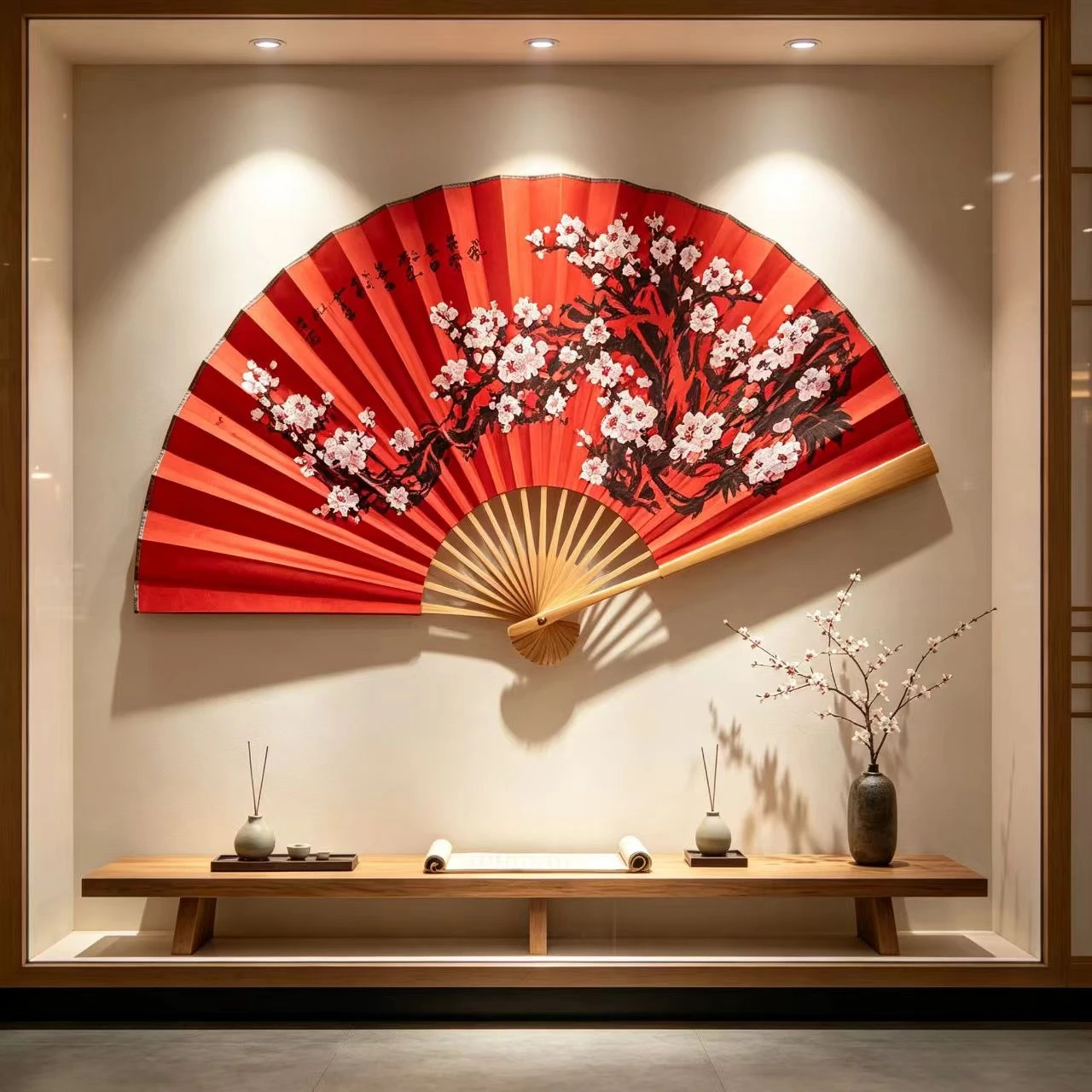 Red Plum Blossom Large Decorative Wall Fan,Oriental Bamboo Giant Folding Fan,Wall Art Ornament for Living Room Hotel Background