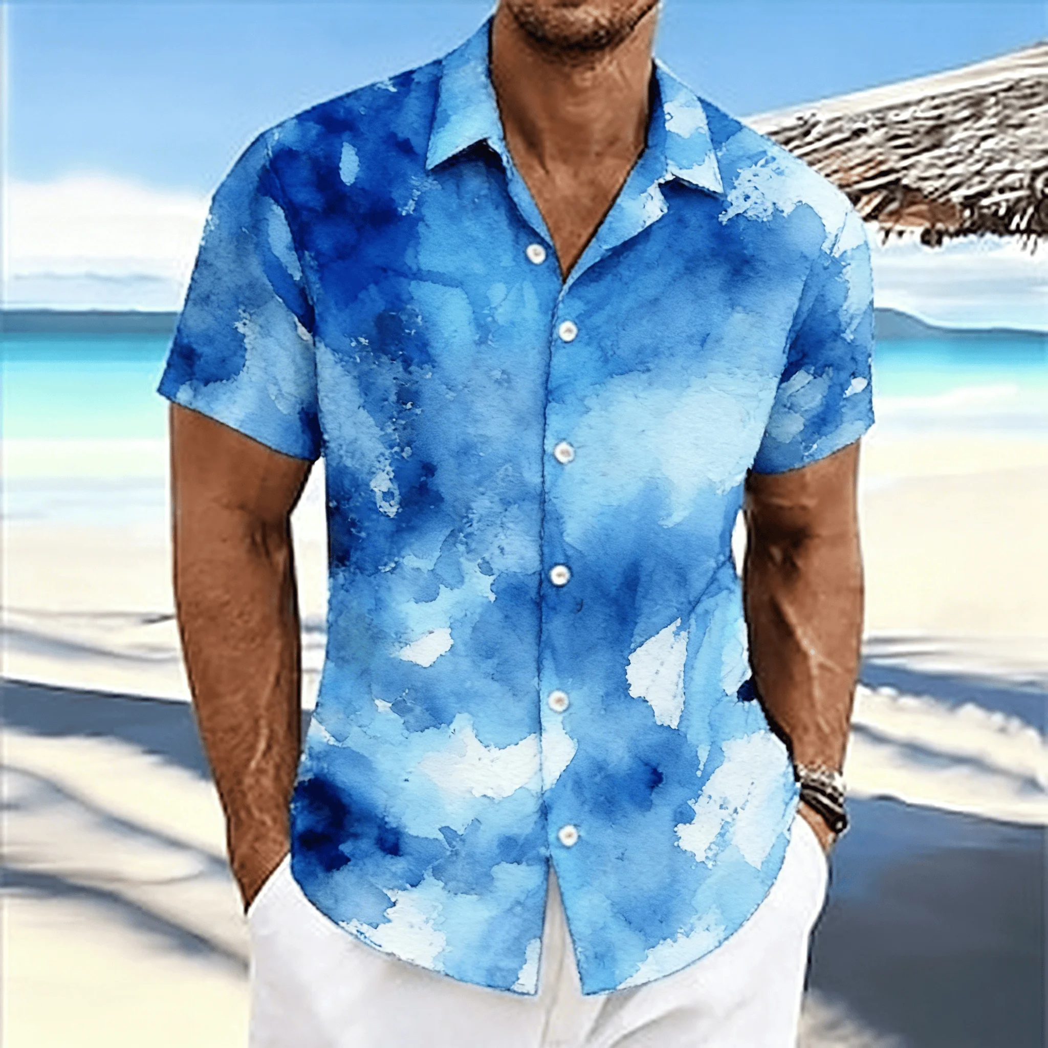 

Men's Abstract Watercolor Print Short Sleeve Shirt, Summer Casual Turn-Down Collar Button Up Shirt, Beach Shirt for Men