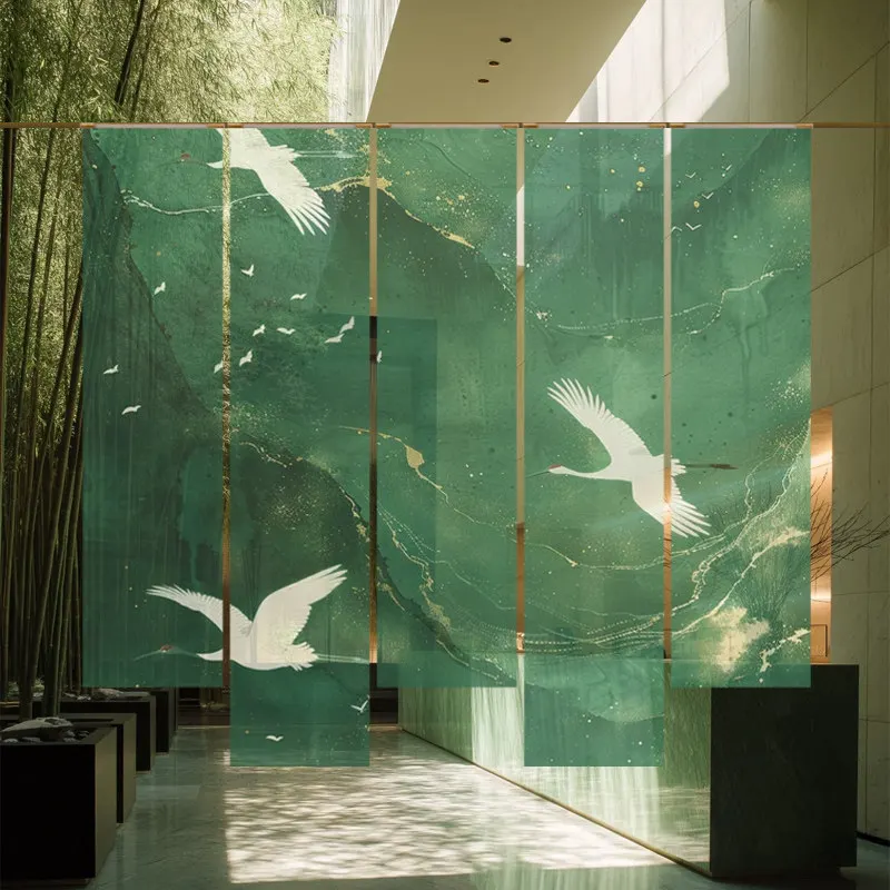 Hanging Room Divider – Emerald Cranes Silk Gauze Curtain, Semi Transparent Zen Wall Art for Tatami Room, Tea Ceremony Hotel