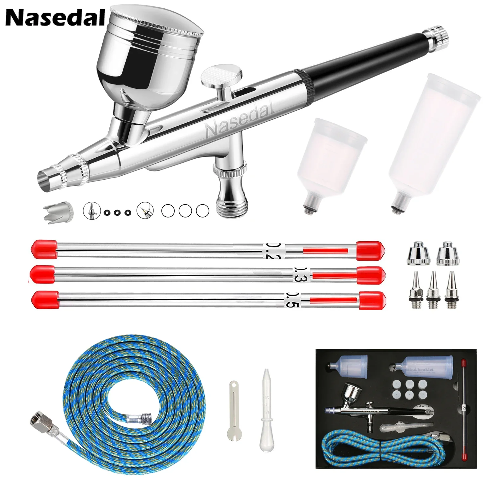 

Nasedal Dual-Action Airbrush kit 0.2/0.3/0.5mm Nozzle Needle for GUNDAM Model Paint DIY Cake Tattoo Art Craft Nail Art Tool