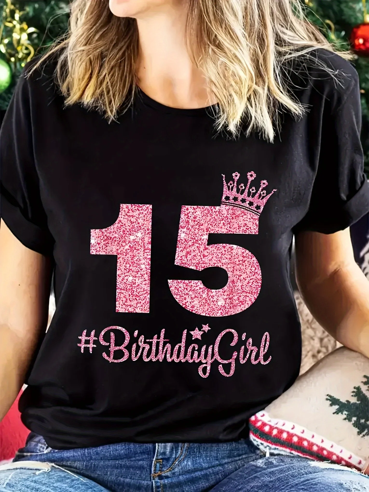 

Women's 15th Birthday Graphic Print T-Shirt Casual Short Sleeve Cotton Tees Retro Hip Hop Y2k T-shirt Summer Tops Women Clothing