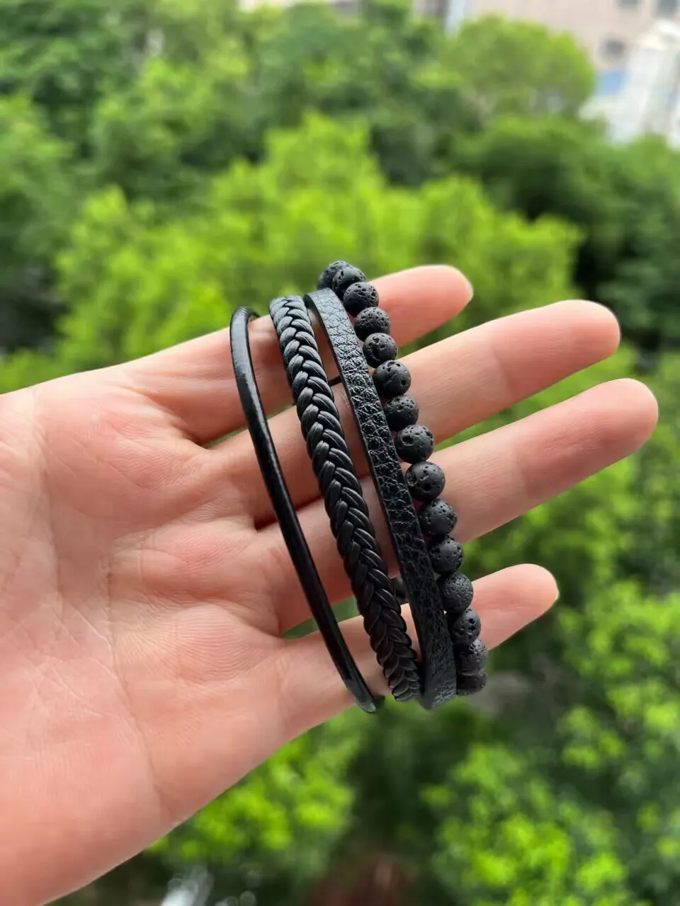 Fashion Volcanic Stone Beaded Bracelet Mutilayer Braided Leather Bracelet For Men Stainless Steel Magnetic Bangle Jewelry Gift