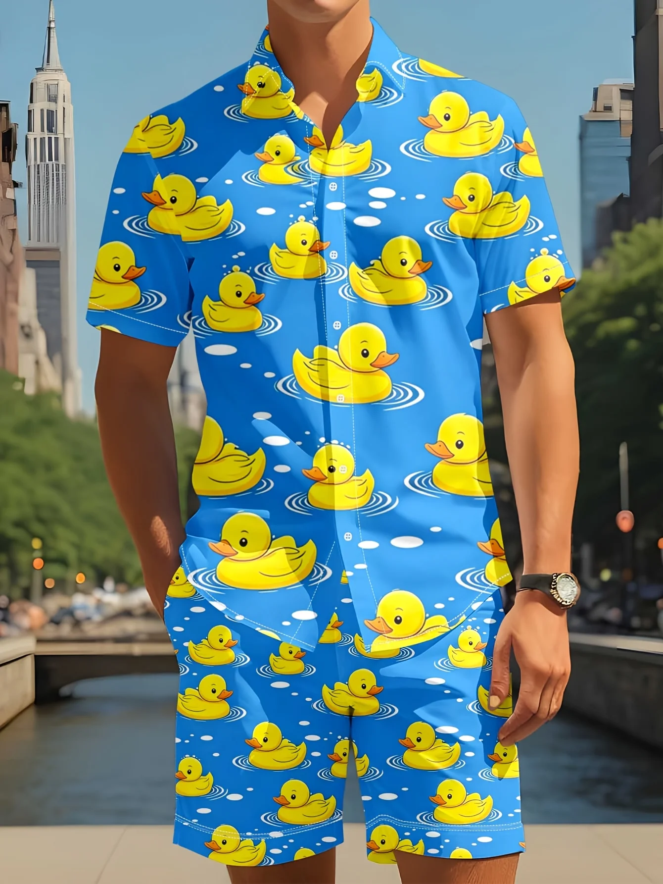 Cartoon Duck Graphic Men Co‑ord Set Turn‑down Collar Button Shirt Elastic Waist Short Pant Vacation Suit