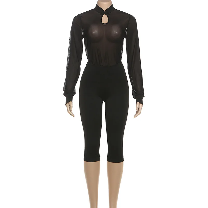 Frauen Elegante Sexy 2-teiliges Set Cheongsam Taste Langarm Shirt Tops + Hohe Taille Enge Knielangen Hosen Anzüge Streetwear