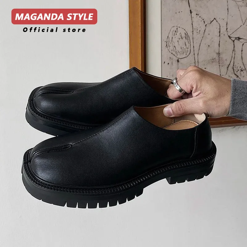 Maganad-zapatos planos Tabi para hombre y mujer, mocasines de piel auténtica con punta dividida, color negro