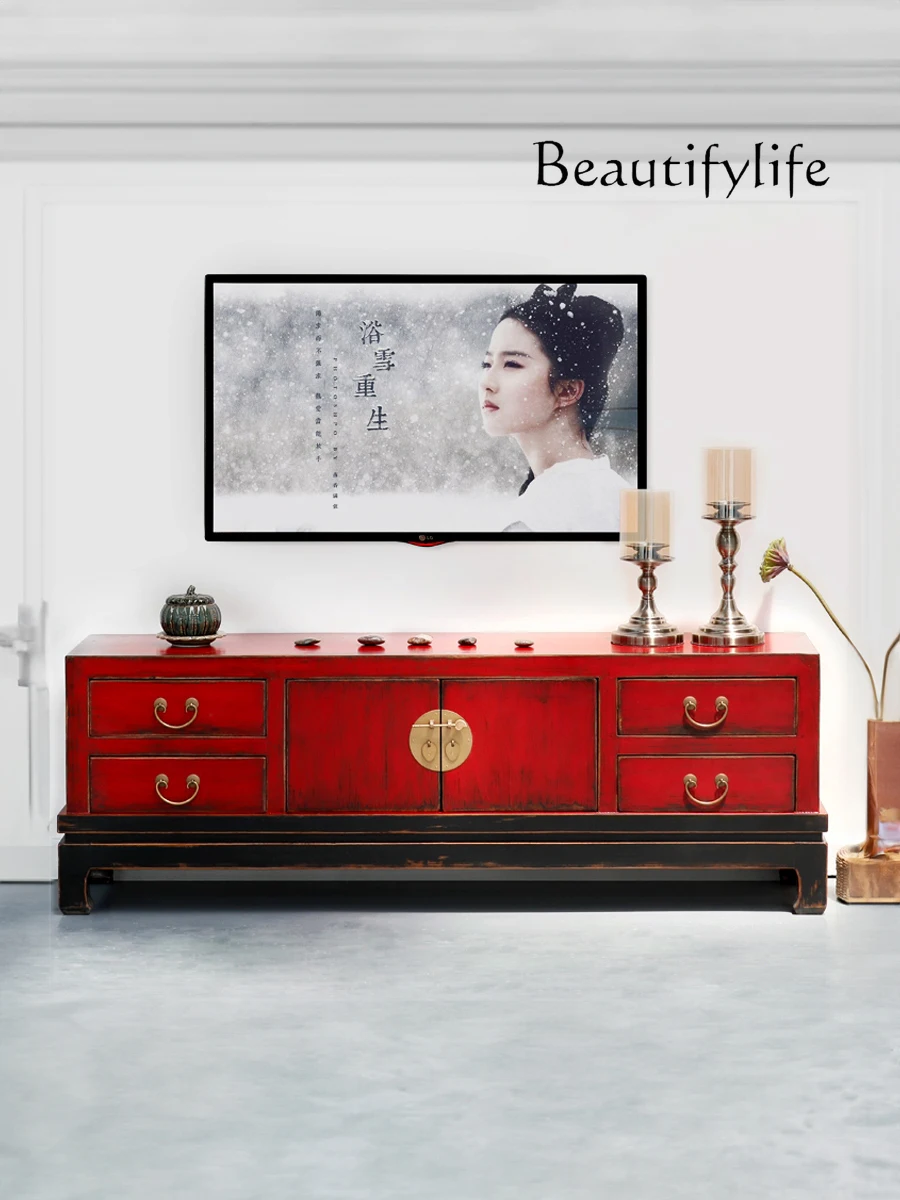 Quaint Painted Lacquer New Chinese Retro Distressed Solid Wood TV Cabinet