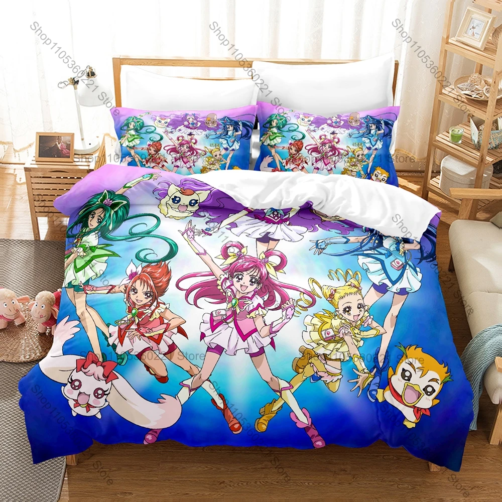 Pretty Cure Duvet Cover + 2 Pillowcases, Cute Magical Girl Anime Print Bedding Set Soft Fabric for Kids & Fans Bedroom Decor