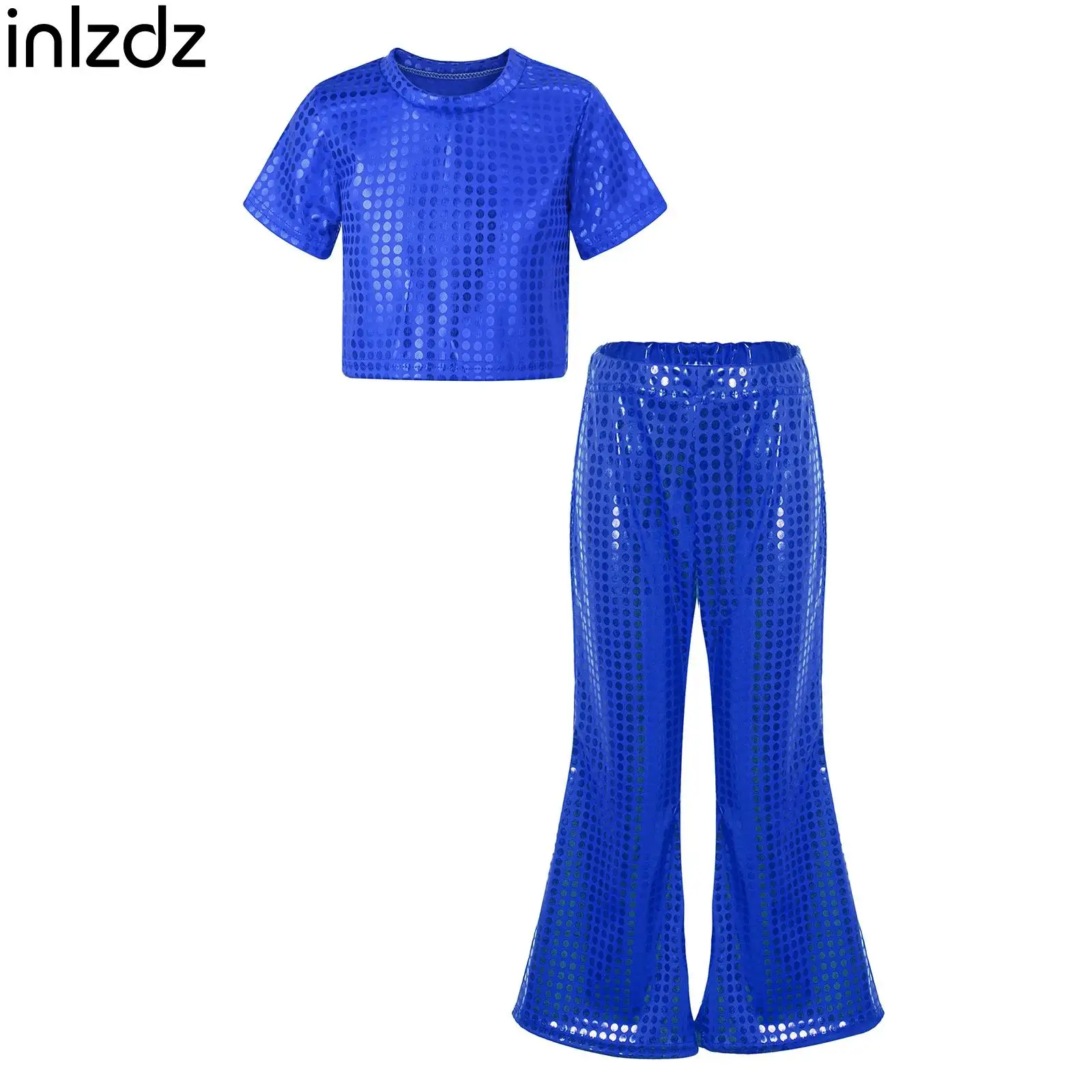 

Kids Girls High Quality Dance Set Short Sleeve Shiny Dot Sequins Crop Top with Elastic Waist Flared Pants for School Performance