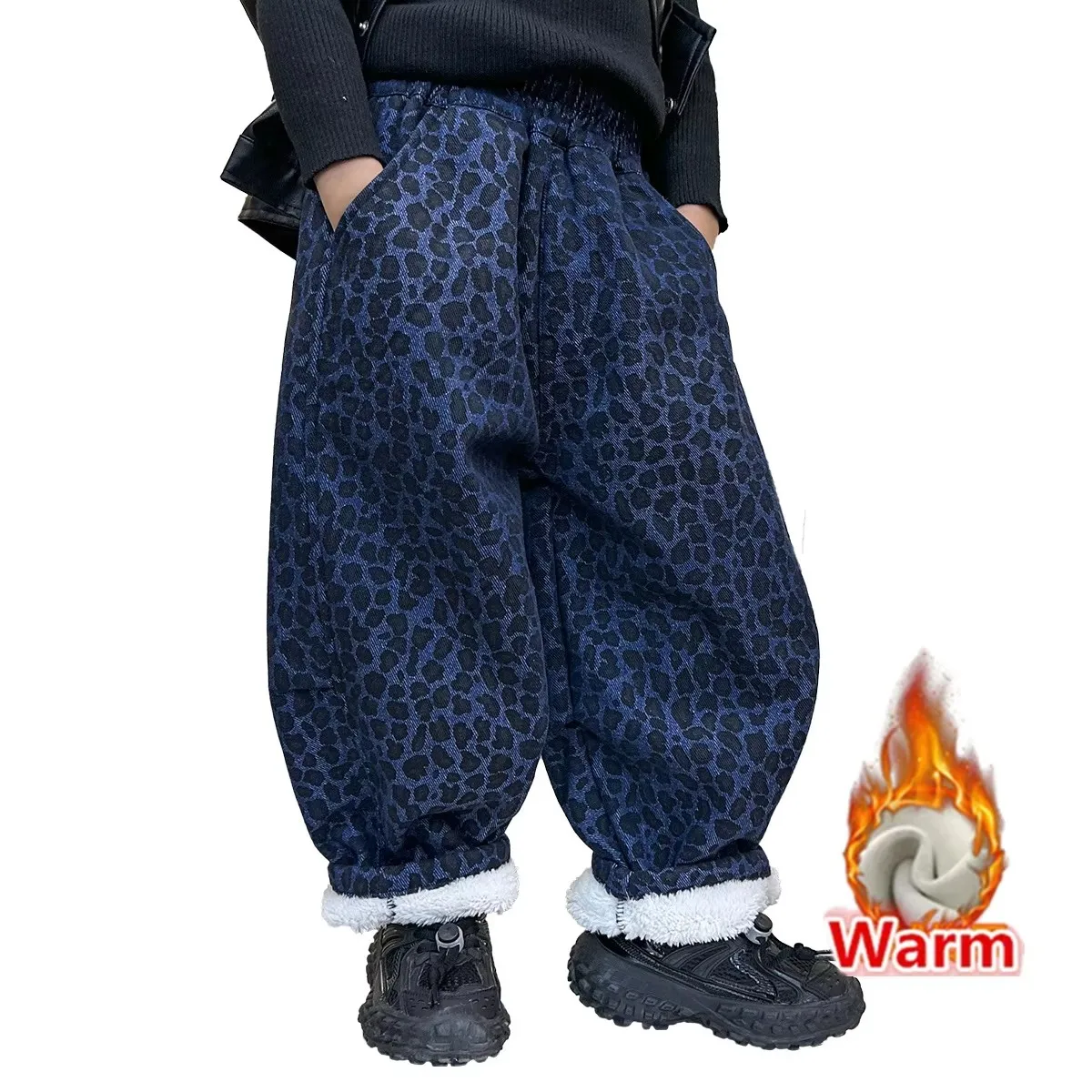 

Winter Warm Kids Leopard Print Harem Pants Jeans For Boys Thicken Fleece Jeans Harem Trousers For Kids Baby Thermal Pants 4-13 Y