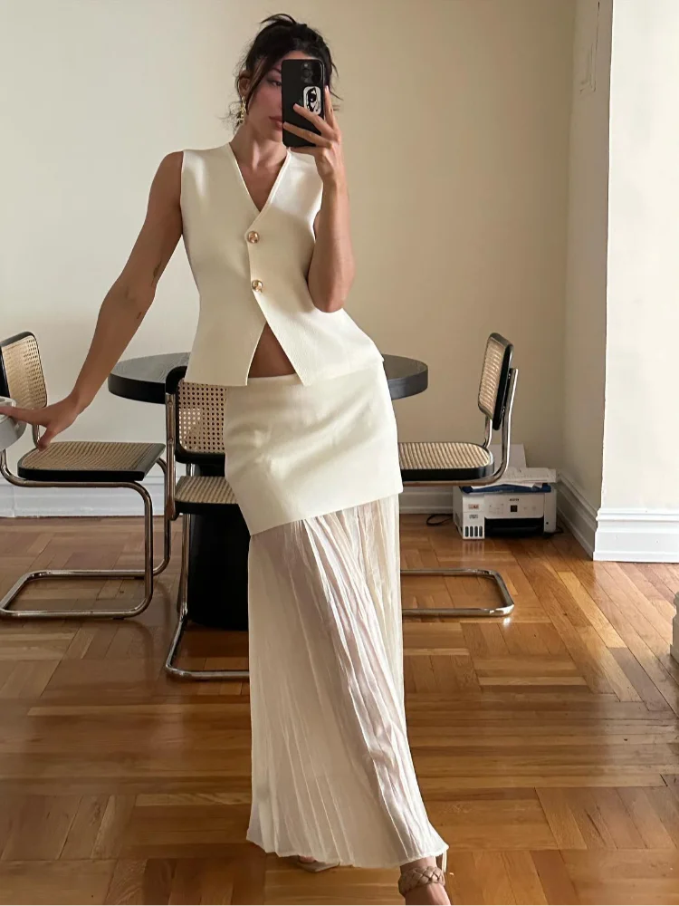 

Женский элегантный офисный костюм, белый комплект из жилета и юбки без рукавов и плиссированной юбки в стиле пэчворк, 2024