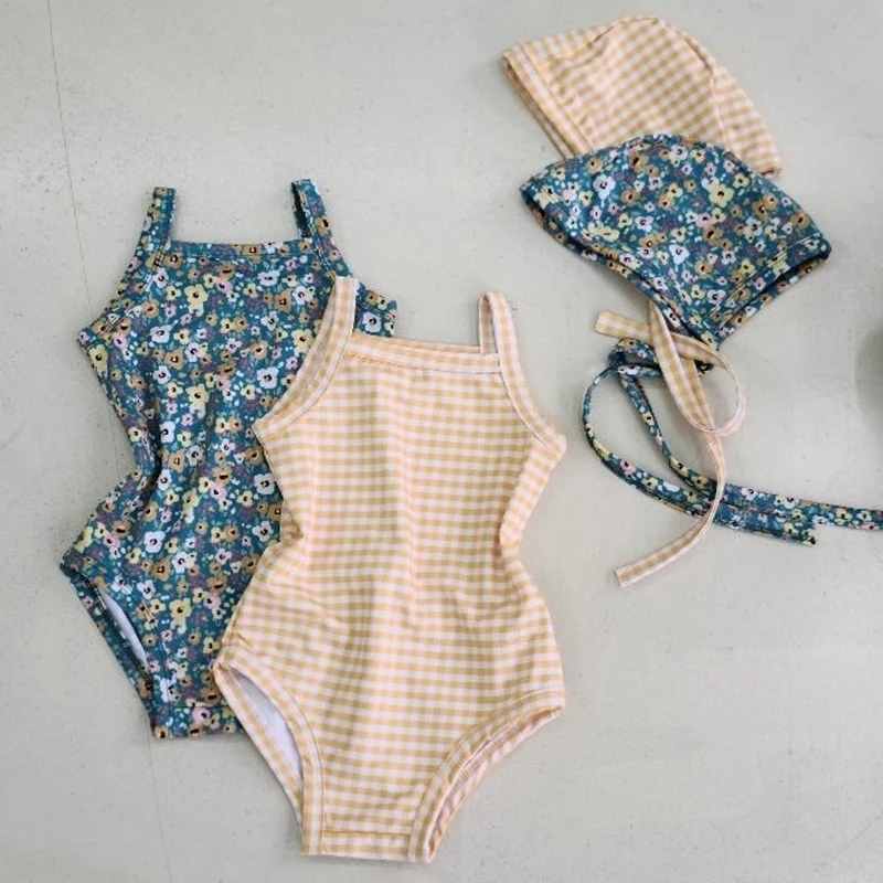 Summer Newborn Children Kids Baby Girls Swimwear Swimsuit One-piece Bikini Toddler Infant Beachwear Suit Flower Grid Swimwear