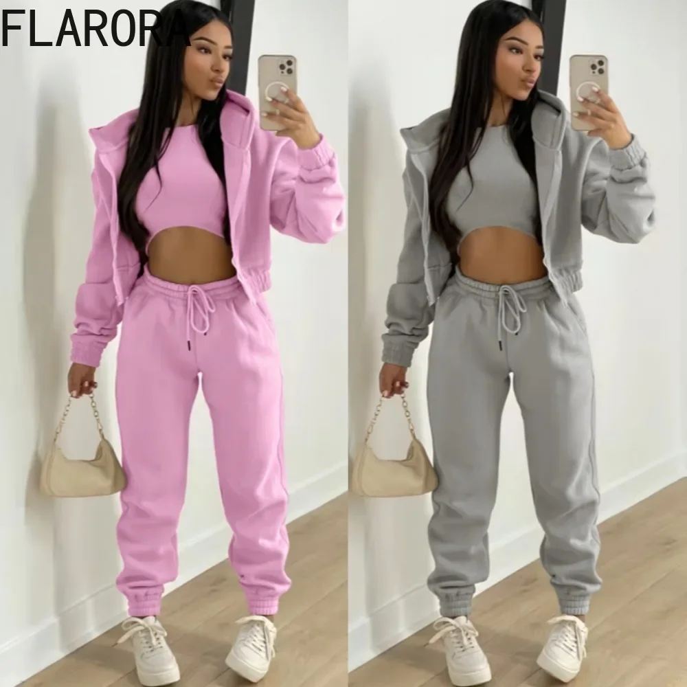 FLARORA Autumn Winter Pants 3 Piece Sets Woman Solid Zipper Hooded Coat Vest And Drawstring Pants Set Casual Sweatpants Outfits