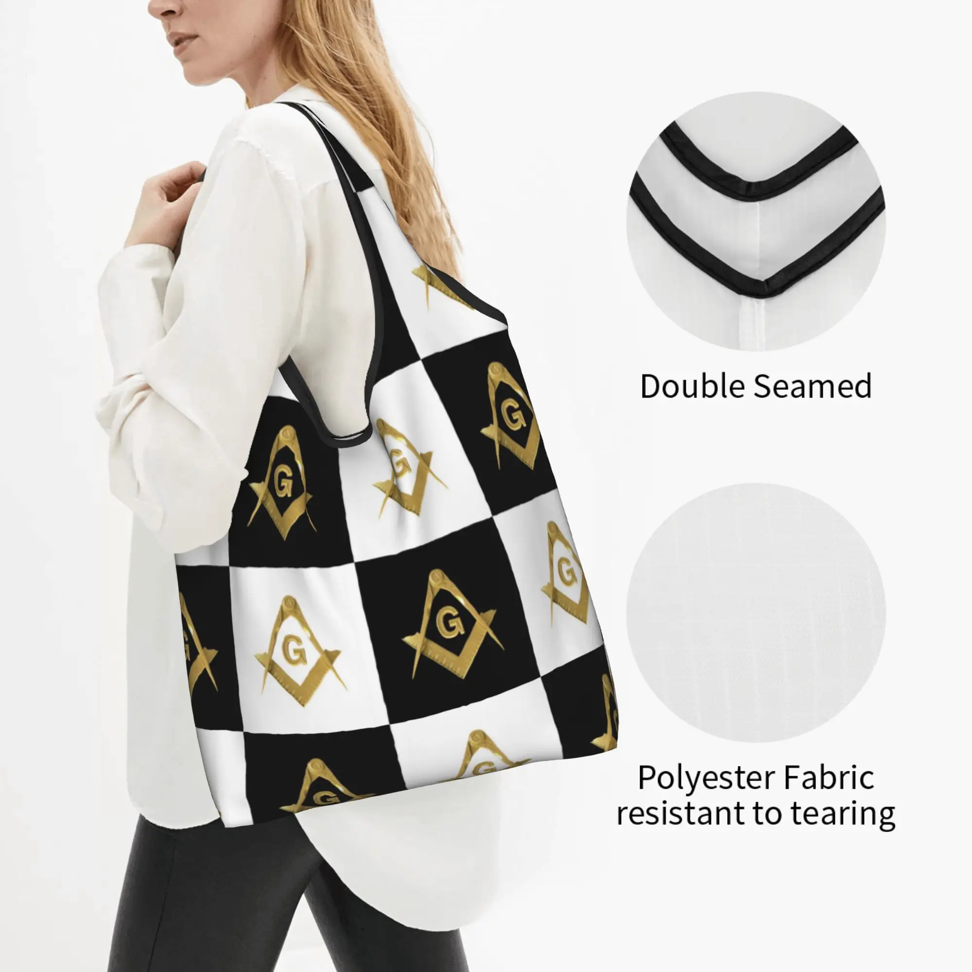 Recycling Freemason Checkered Plaid  Shopping Bag Women Tote Bag Portable Gold Square Compass Masonic  Groceries Shopper Bags