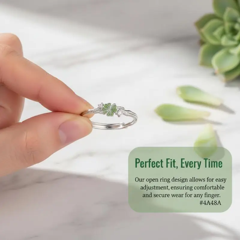 Vierblättriger Kleeblatt-Paarring für Frauen und Mädchen, Verstellbarer Offener Ring, Partyschmuck, Geschenk – Detail 6