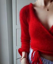 Chinese red slim fit small top knitted sweater cardigan jacket women's lace up small cardigan long sleeved women's sweater mohai