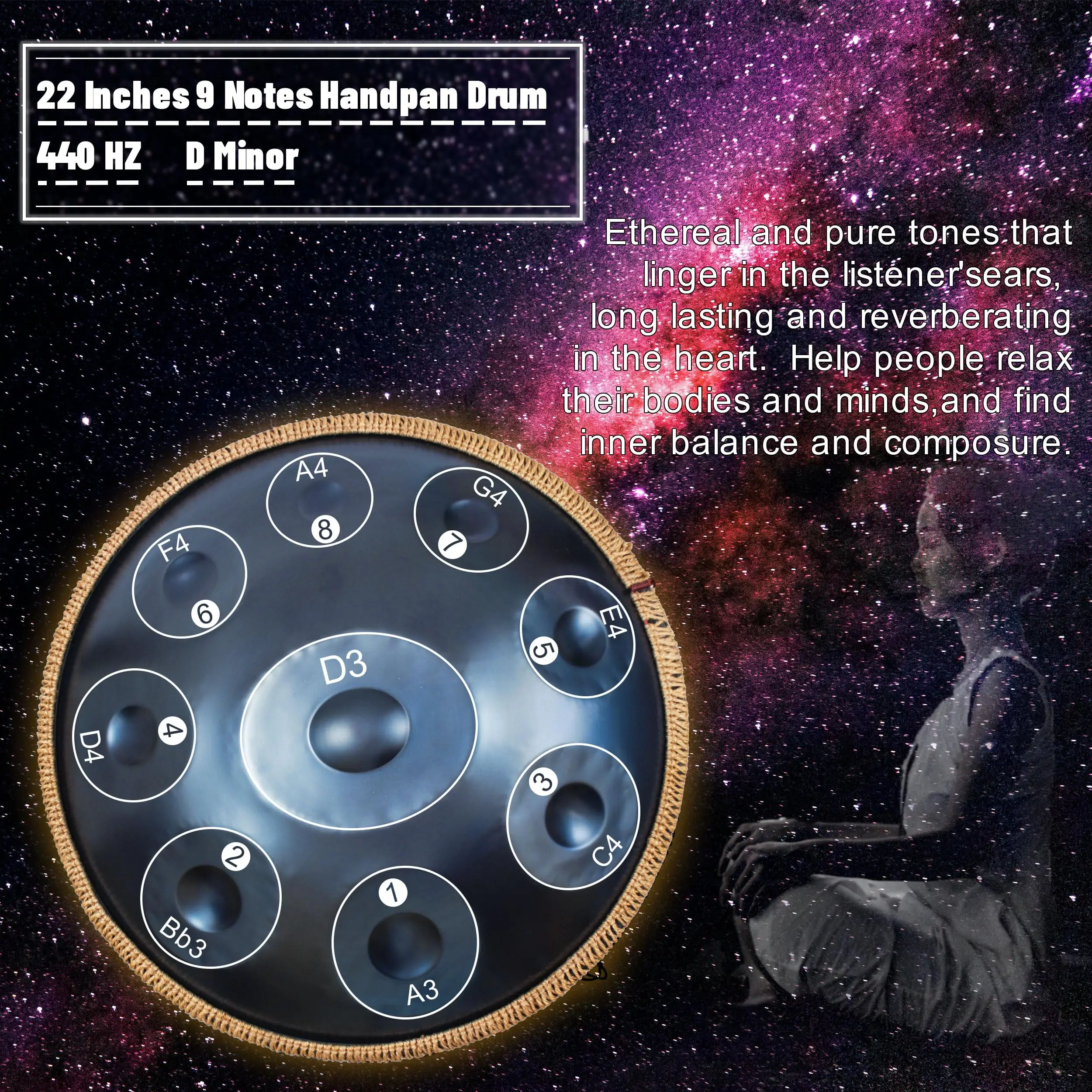 

Ручная работа, 22-дюймовая ручная сковорода из нержавеющей стали с 9 нотами, 440/432 Гц, ручной барабан для начинающих, медитации и музыкальной практики AOOLOO