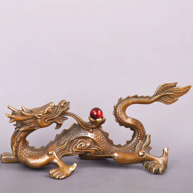 Full Brass Reverse Dragon Antique Patina Blue Dragon Pearl Playing Bronze Ware Office Foyer Decoration Copper Dragon Ornaments
