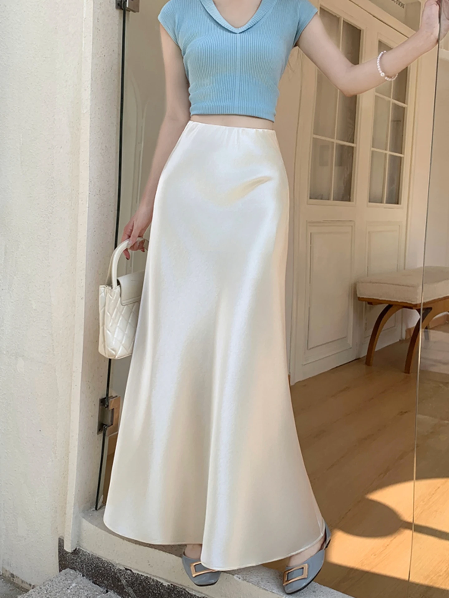 

Ацетатная атласная юбка-миди с высокой талией и А-образным силуэтом для женщин, весна-лето, повседневная, прямого кроя, подходит для всех типов фигуры