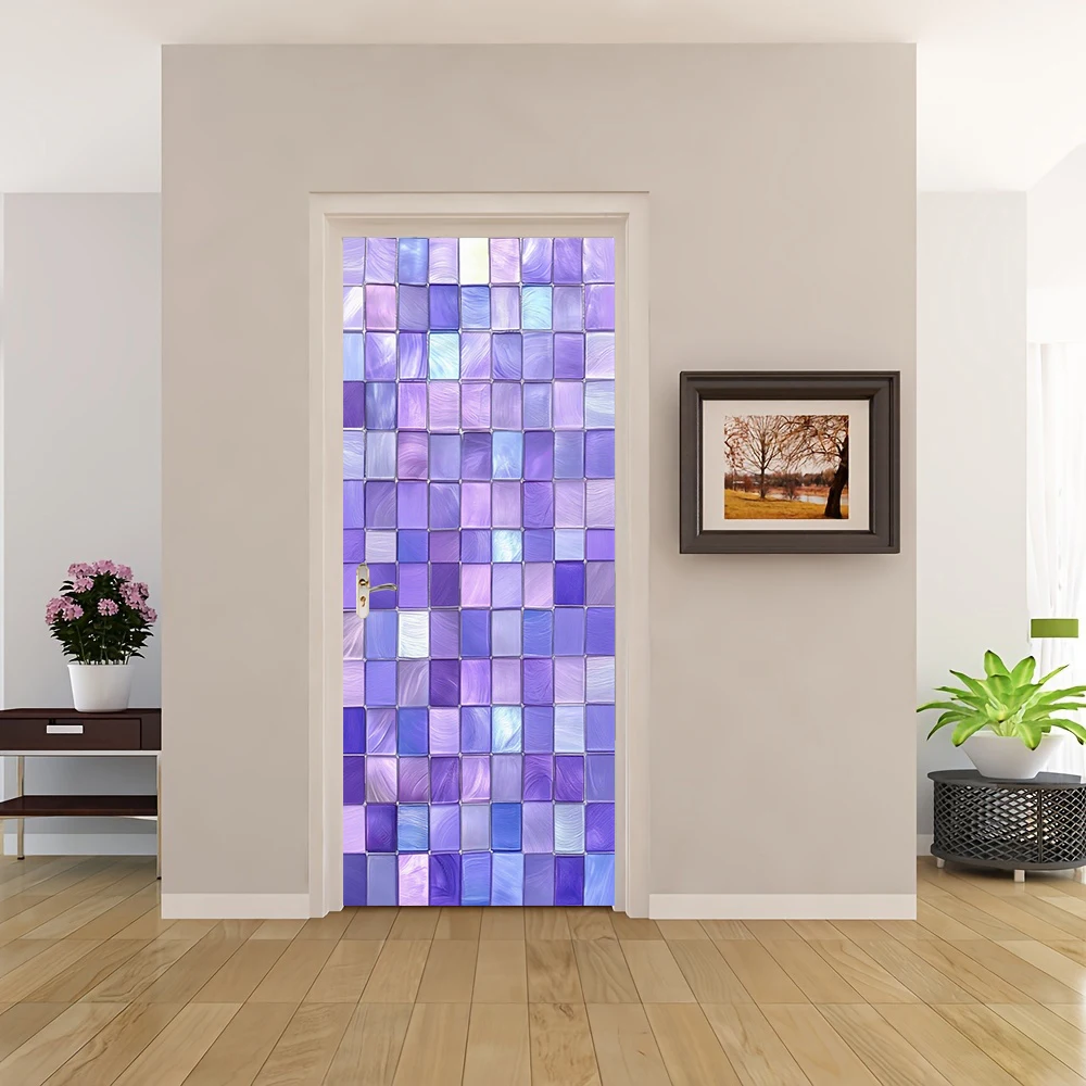1 Uds. Pegatinas autoadhesivas de vinilo removibles para puerta, pegatina decorativa para puerta con textura de vidrio de mosaico degradado púrpura, presenta un m