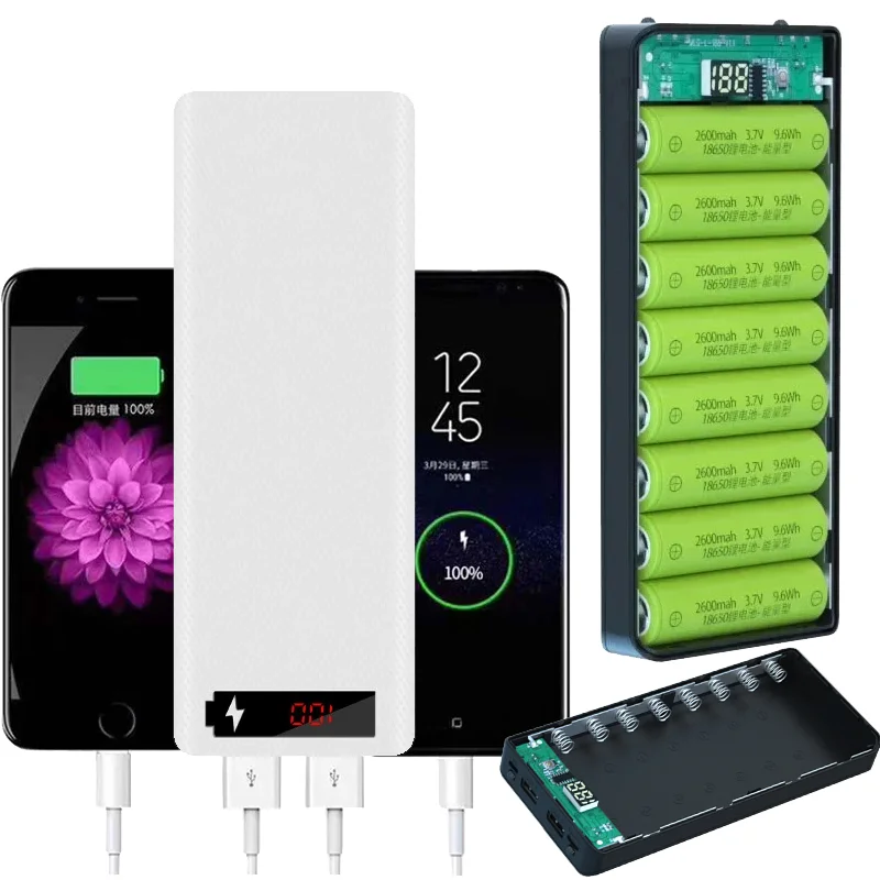 8 Slots 18650 Battery Storage Box DIY Power Bank Case with Dual USB Ports PD Fast Charger Shell for Smartphone Emergency Power