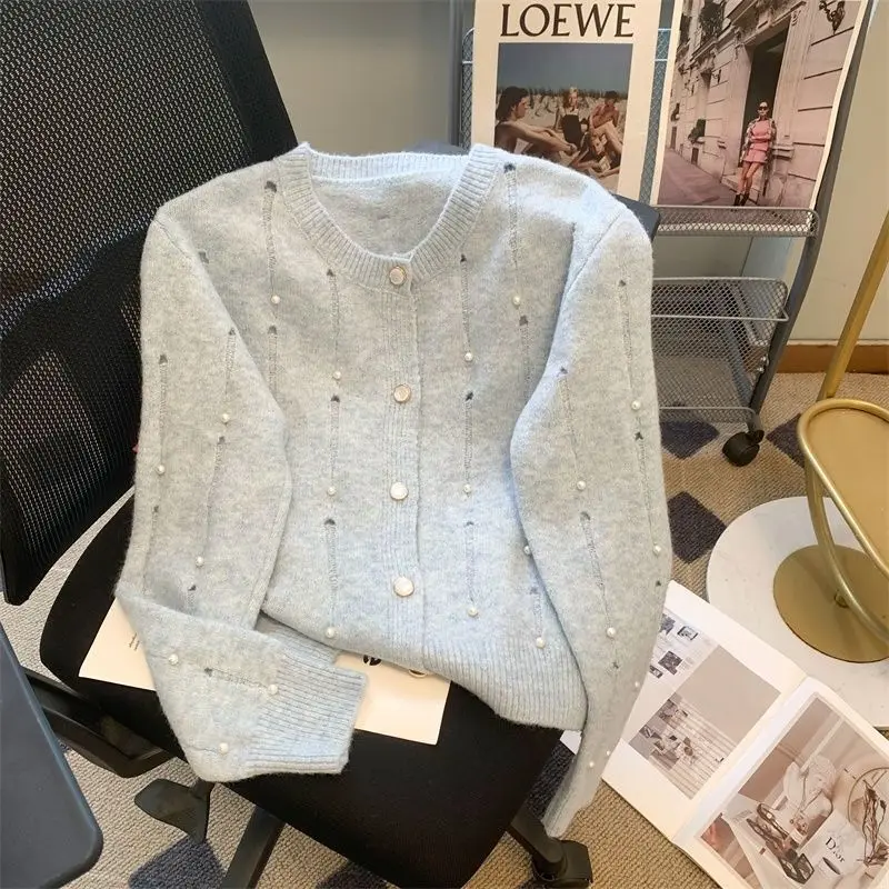 Autumn Winter Women\'s Commute Solid Round Neck Cardigan Button Beading Distressed Slim Fashion Long Sleeve Sweater Knitted Coats