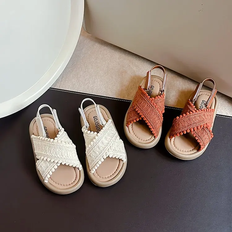 Girls Sandals Summer New Cute National Style Cross Hook & Loop Soft Bottom Princess Fashion Sandals Children Casual Beach Shoes