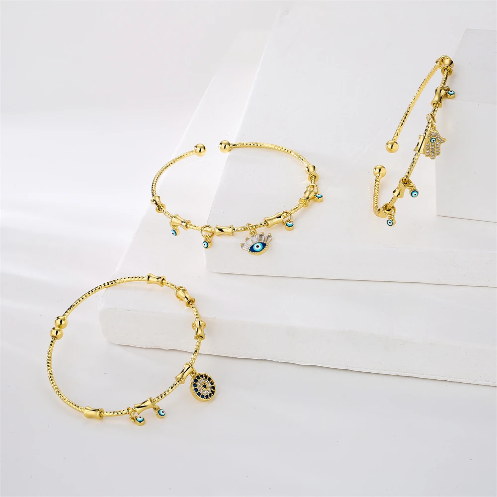 NEWBUY 2026 Trendy Lucky Evil Eye Charm Bracelets & Bangles Gold Color Copper CZ Zircon Cuff Bracelet For Women Party Jewelry