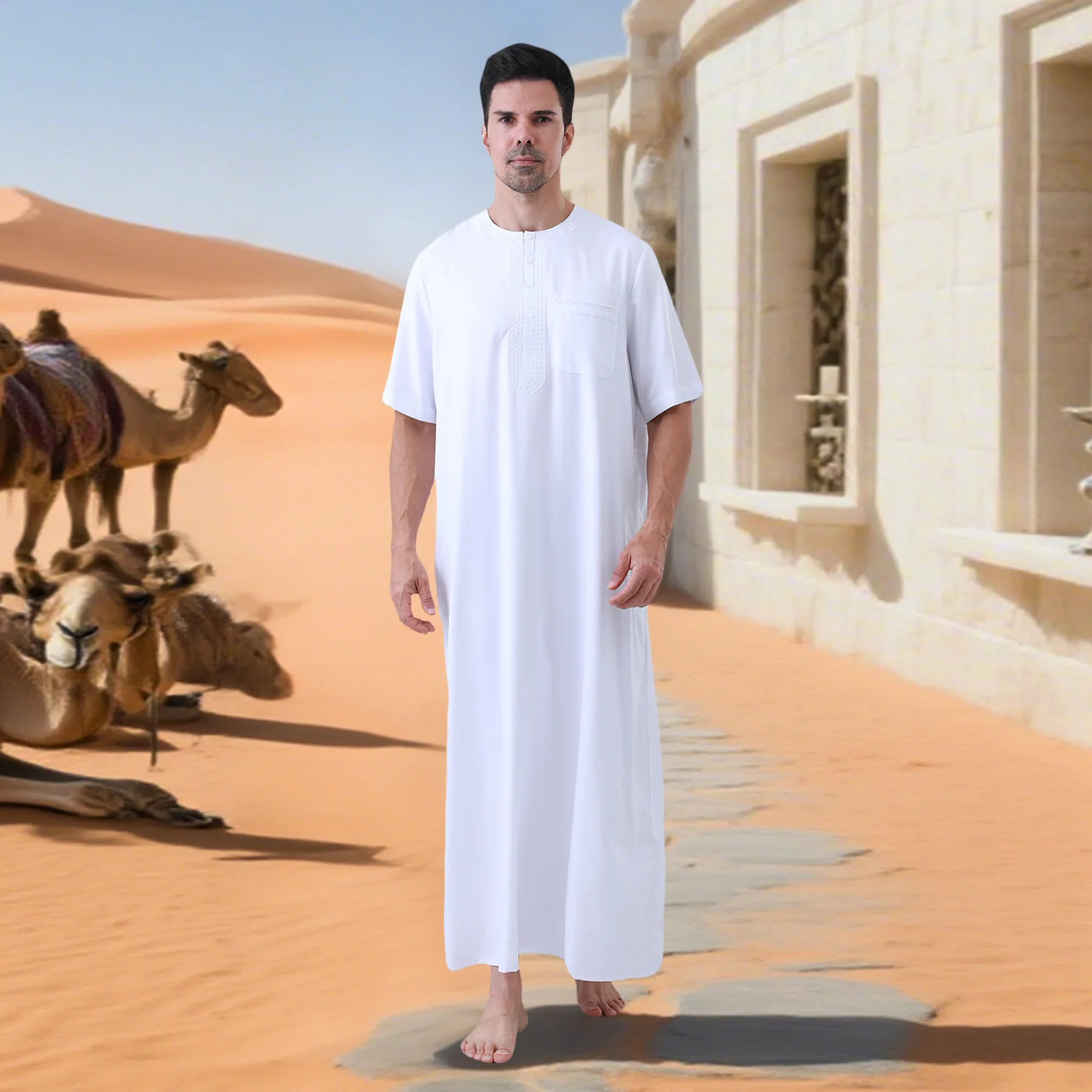 Jubah Muslim Lelaki Lengan Pendek Putih - alternate angle