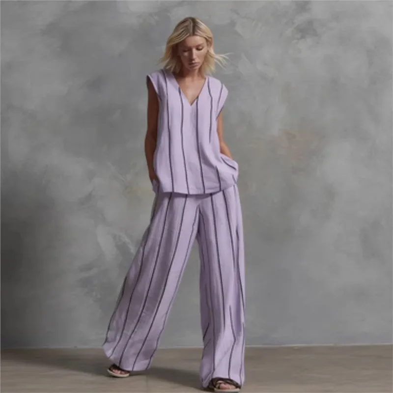 

Women's Two-piece V-neck Sleeveless Top Wide-leg Pants 2026 Minimalist Style Vertical Stripes Loose Slimming Cotton Linen Suit