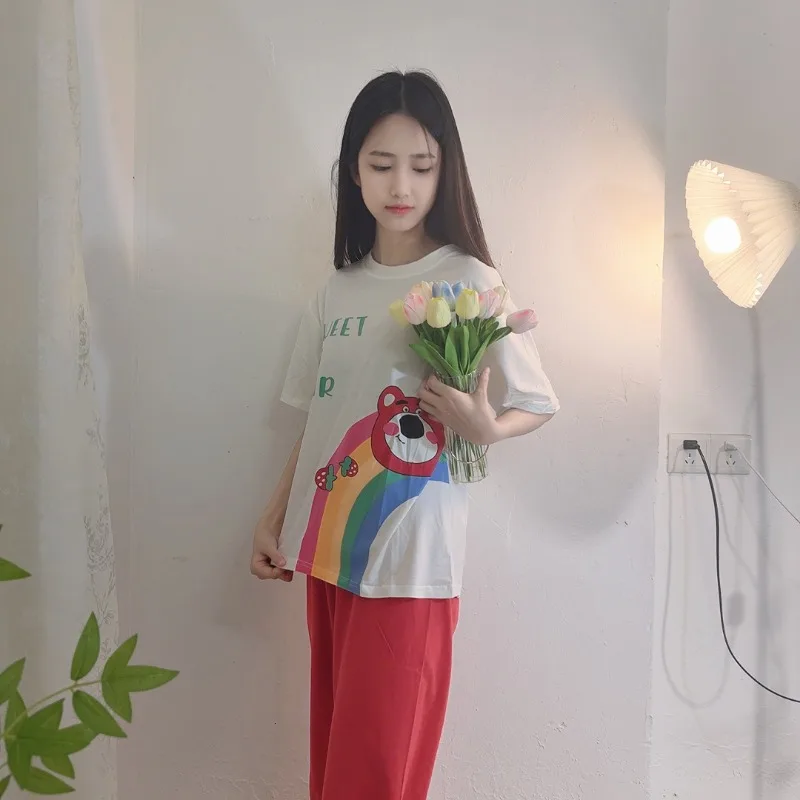 Pyjama à col rond ours fraise, ensemble pantalon à manches courtes, dessin animé Sanrio, doux et décontracté, vêtements de maison, printemps et été