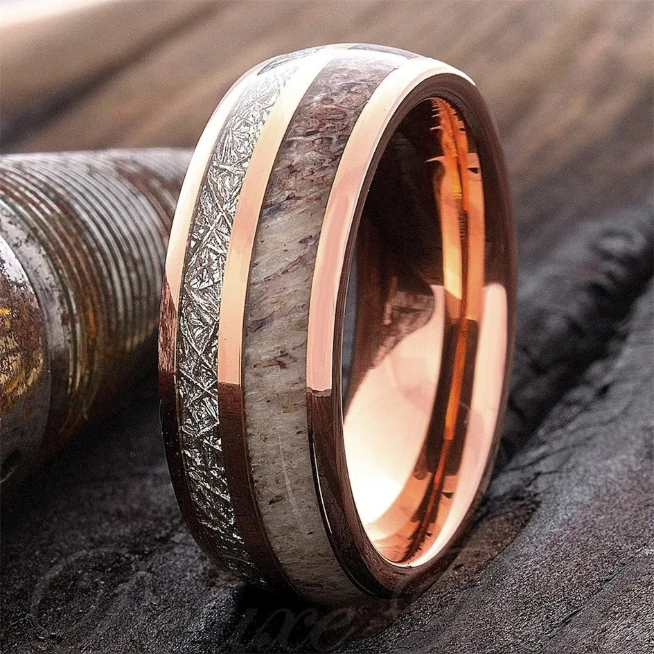 Fashion 8mm Men Stainless Steel Rings Rose Gold Color Brushed Deer Antler And Meteorite Rings for Men Wedding Band Jewelry Gift