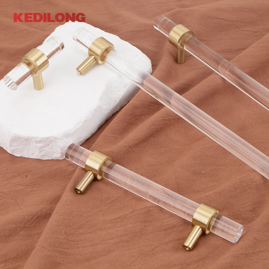 KEDLO Modern minimalist acrylic brass long handle furniture hardware cabinets gold transparent drawers silver T-handles
