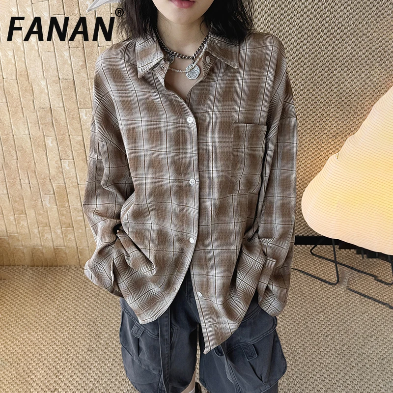 

FANAN Women's Shirts Spring Summer New Fashion Casual Style Oversized Single-Pocket Plaid Shirt 100% Cotton Top For Women