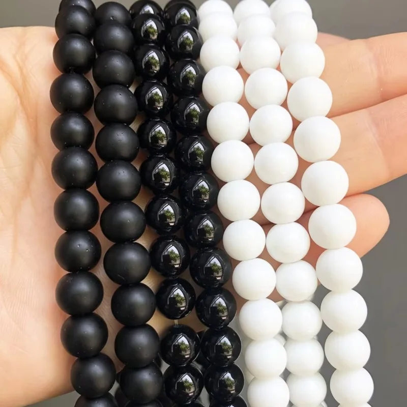 Wholesale Natural Stone White Black Dull Polish Matte Agates Onyx Smooth Round Beads For Jewelry Making DIY Bracelet 15'' 4-12mm