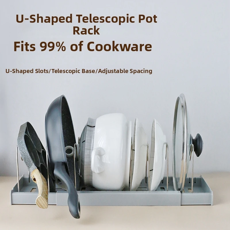 Expandable Stainless Steel Storage Rack Kitchen Cabinet Holder for Pan Pot Lid Cutting Board Drying Cookware Dish Rack Organizer