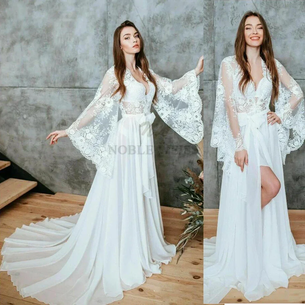 Lace Bridal Dressing Gown Long Sleeve Appliqued Wedding Bathrobes Women Boudoir Sleepwear Nightgown Wedding Robe Customized