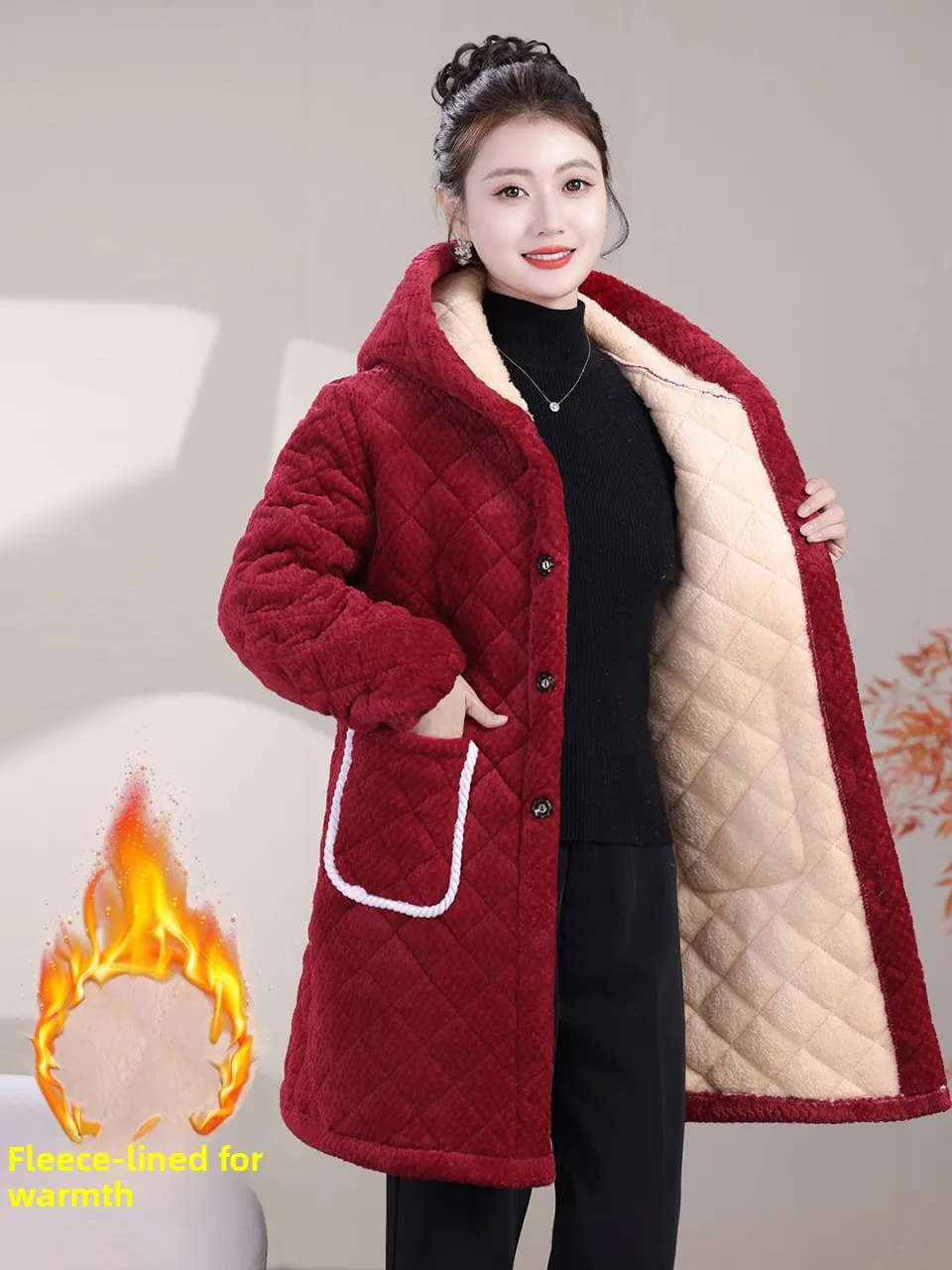 

Утепленное хлопковое пальто с капюшоном и узором в виде сосен, средней длины, стеганое, для женщин среднего и старшего возраста, модное, стильное.