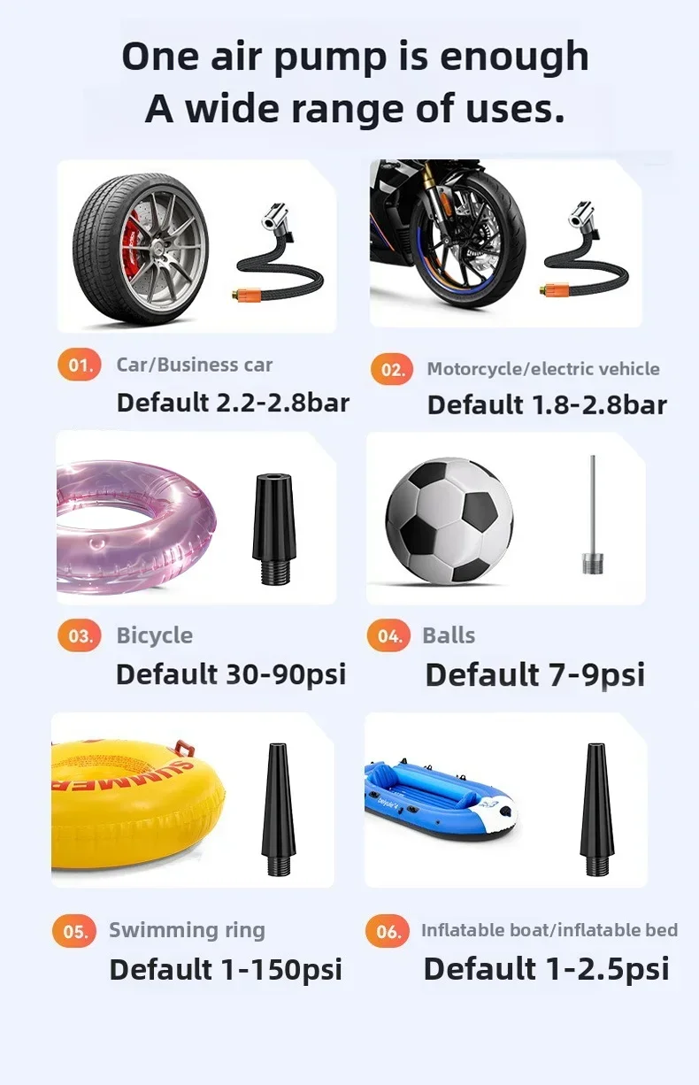 Kabelloser Autoreifenfüller 150PSI Tragbarer Wiederaufladbarer Elektrischer Luftkompressor Handluftpumpe für Fahrzeuge, Motorräder, Fahrräder & Sportbälle – Detail 7