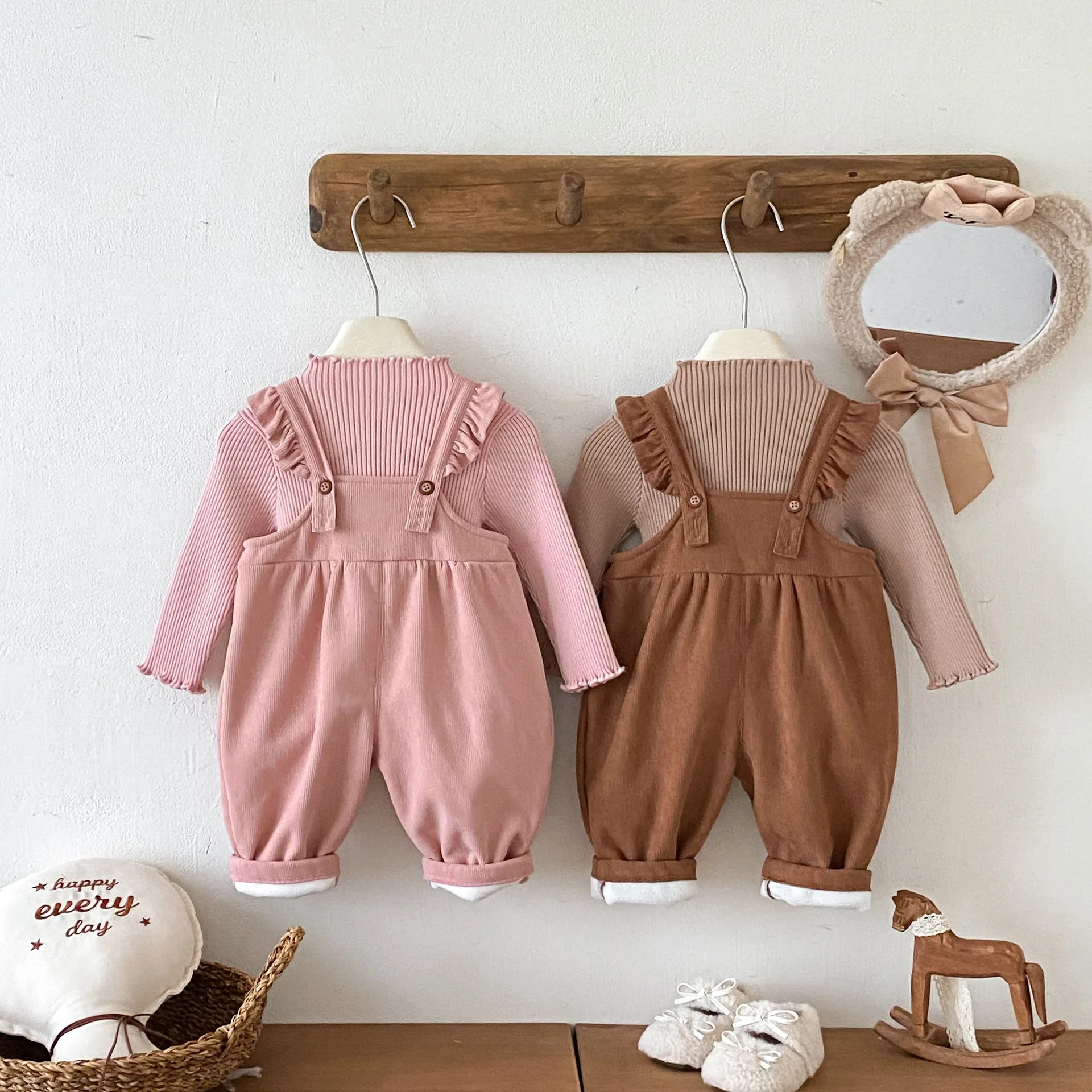 طفلة صوف مبطن وزرة 0-5Y لطيف الكرتون الأرنب ديكور كشكش حزام بذلة الاطفال شتاء دافئ سروال قصير قطعة واحدة
