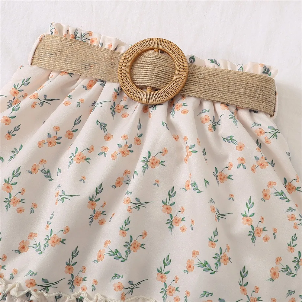 2PCS Kids Baby Girl Clothes Set Retro Off-Shoulder Top+ Flowers Skirt Summer Cute Sense Of Design Suit For Child Girl 1-6 Years