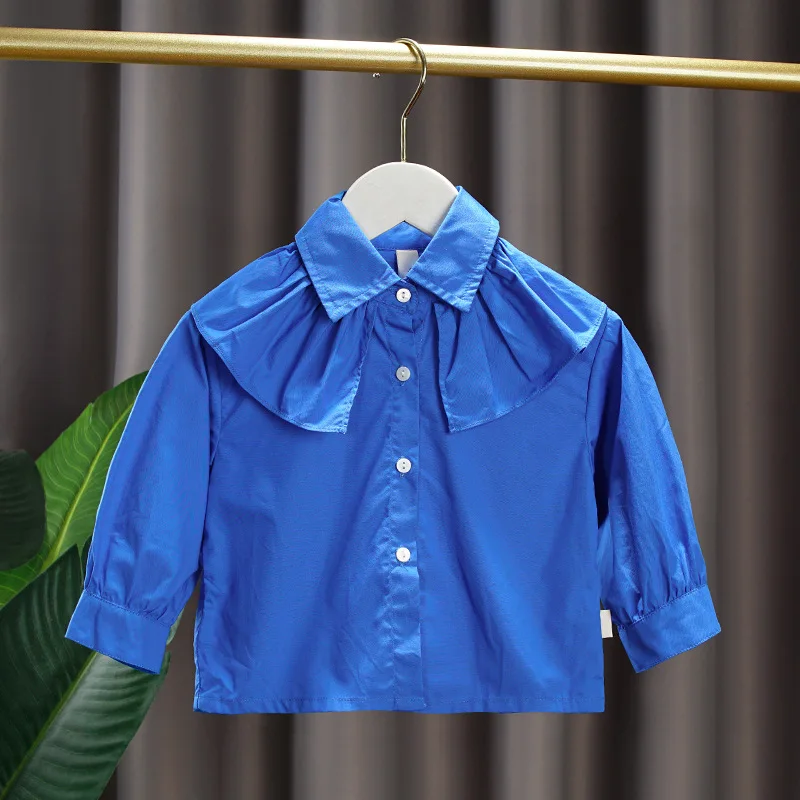 

Autumn Girls' Blue Shirt Children Single Breasted Long Sleeve Coat Korean Baby Girls Turn Down Collar Cardigan Casual Thin Coats